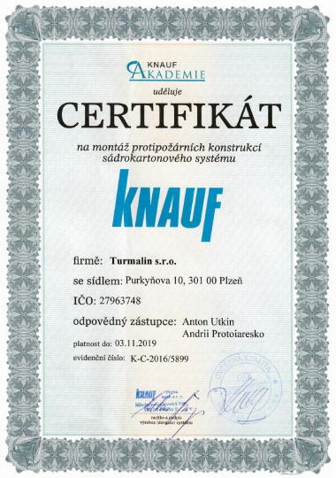 Certifikát Knauf - montář protipožárních konstrukcí